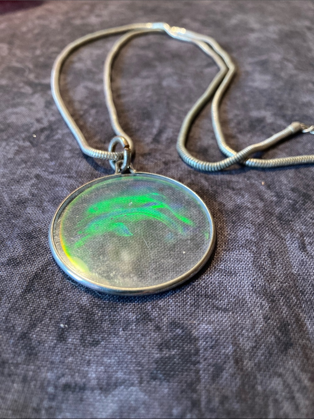 Gorgeous Green & Silver Tone Holographic Dolphin Pendant Necklace -